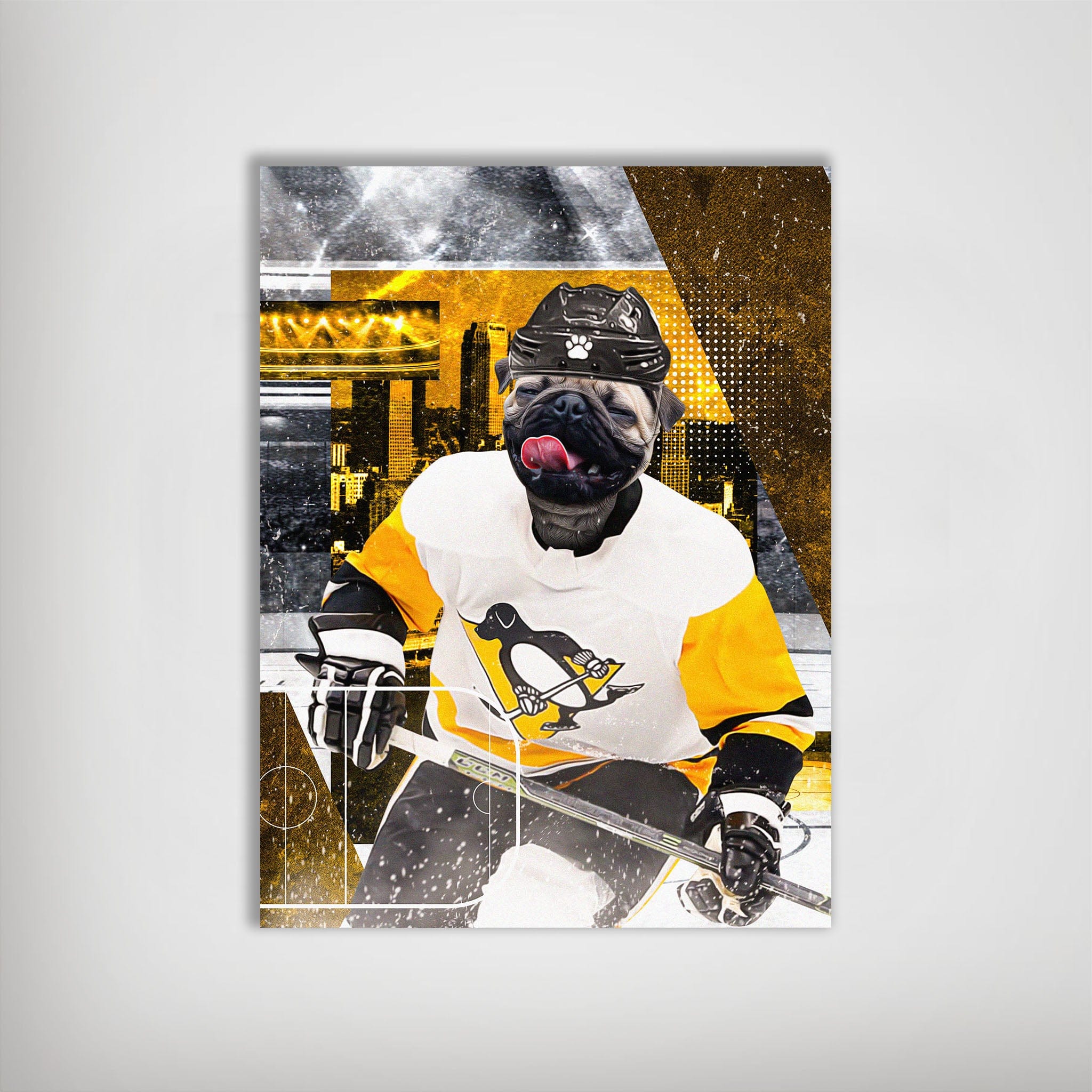 Personalized pet poster featuring a pug in a Pittsburgh Penguins hockey uniform, with a city skyline background.