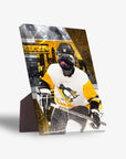 Personalized pet canvas featuring a pug in a Pittsburgh Penguins hockey uniform, with a gold and black cityscape background.