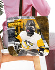 Personalized tote bag with a pug dog portrait in a Pittsburgh hockey uniform.