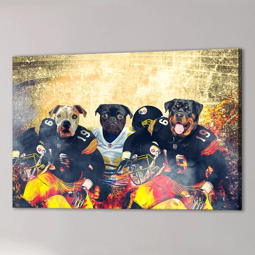 Personalized 'Pittsburgh Doggos' canvas featuring three pets in football uniforms against a fiery background.