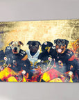 Personalized 'Pittsburgh Doggos' canvas featuring three pets in football uniforms against a fiery background.