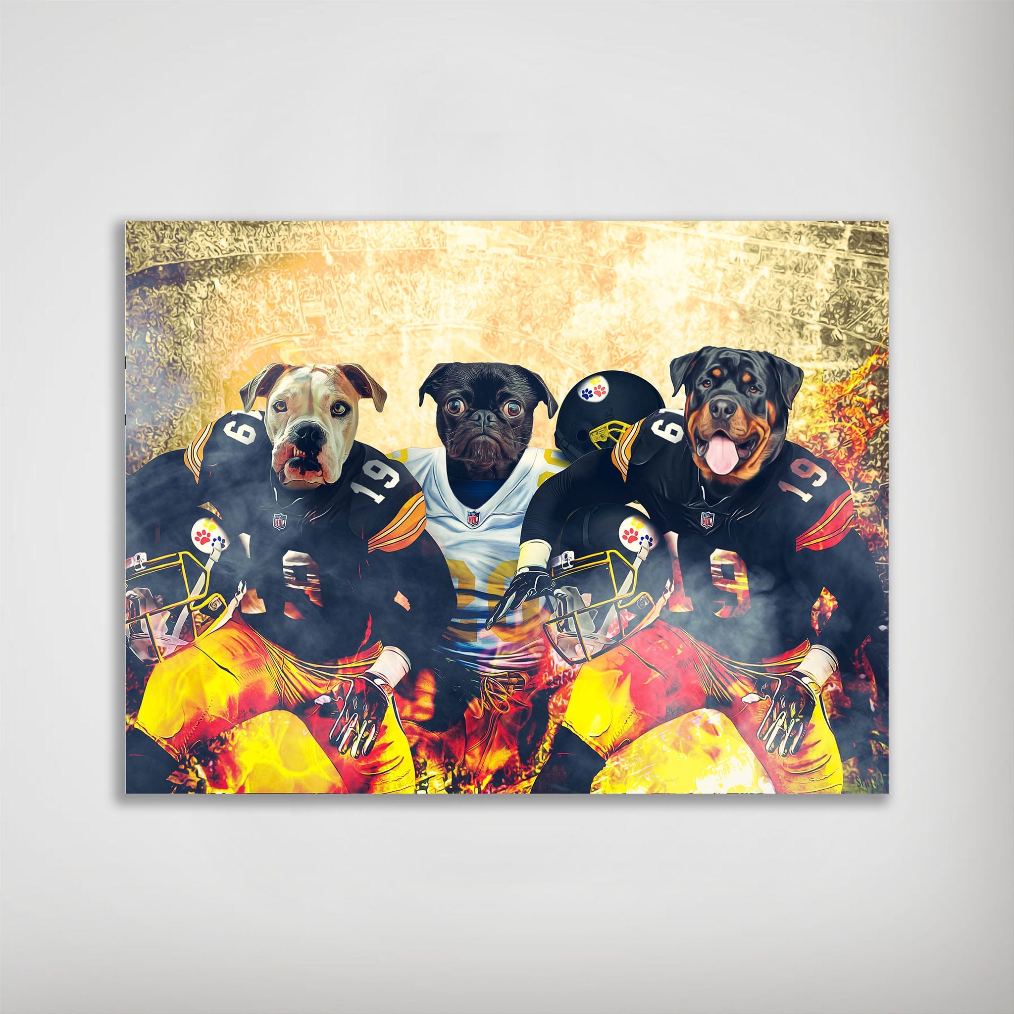 Personalized "Pittsburgh Doggos" poster featuring three pets in football uniforms against a fiery background.