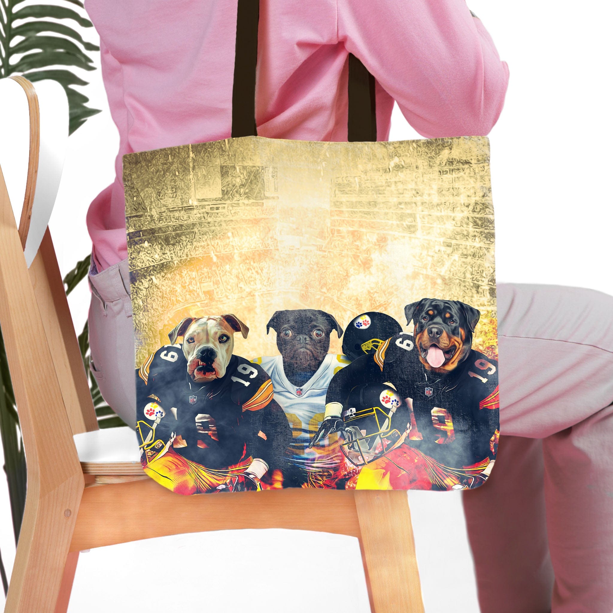Personalized 3 pet tote bag with dogs in Pittsburgh Steelers football uniforms.