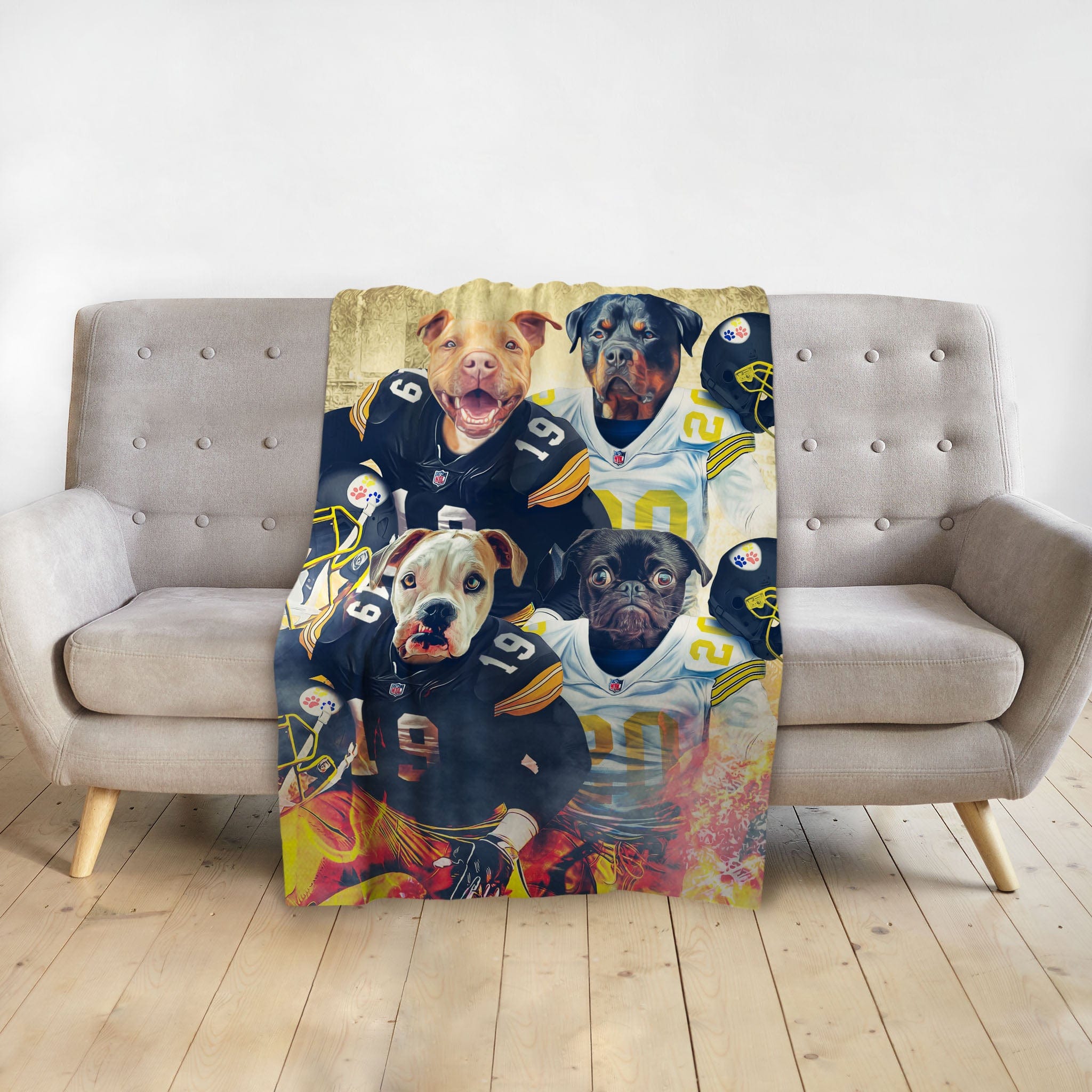 Personalized pet blanket with four dogs in Pittsburgh Steelers and Chargers football uniforms.