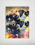 Personalized 'Pittsburgh Doggos' poster featuring four pets as football players in black and gold jerseys.