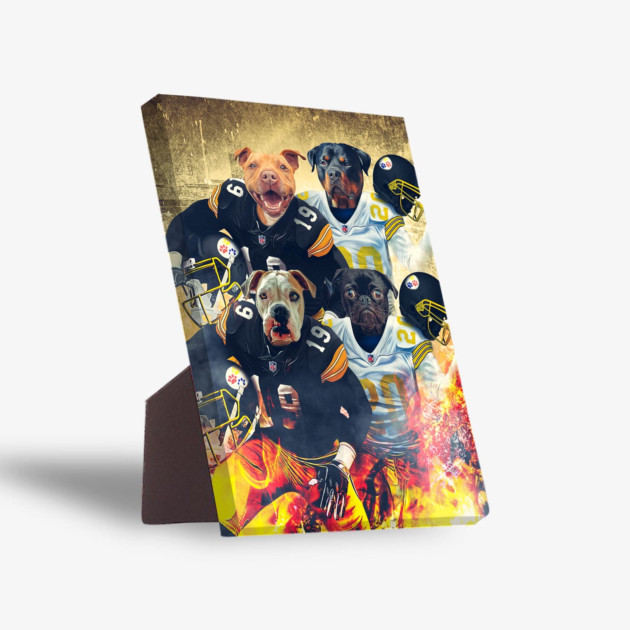 Personalized 4-pet standing canvas featuring dogs in Pittsburgh Steelers football uniforms with a fiery background.