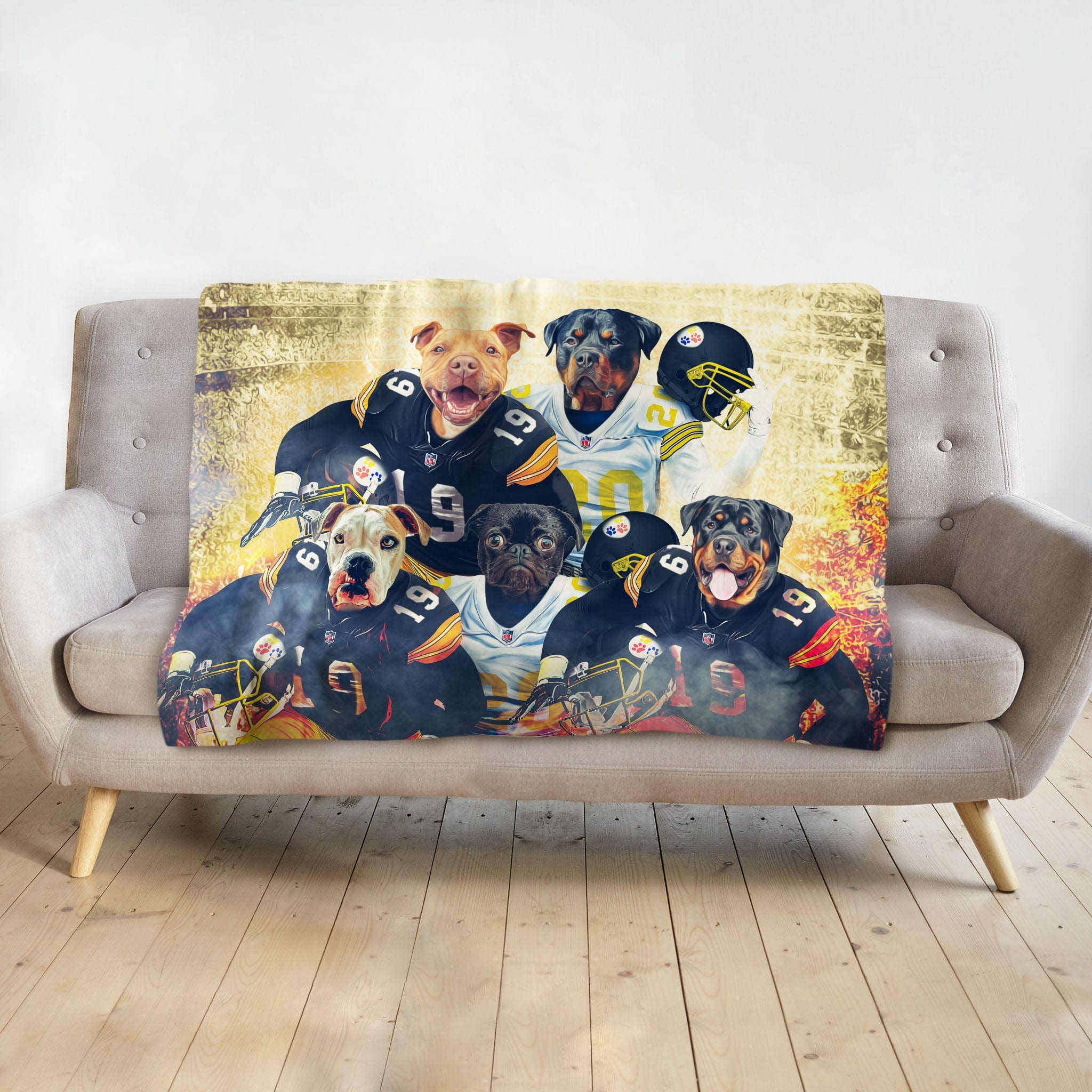 Personalized blanket with five dogs in Pittsburgh Steelers football uniforms.