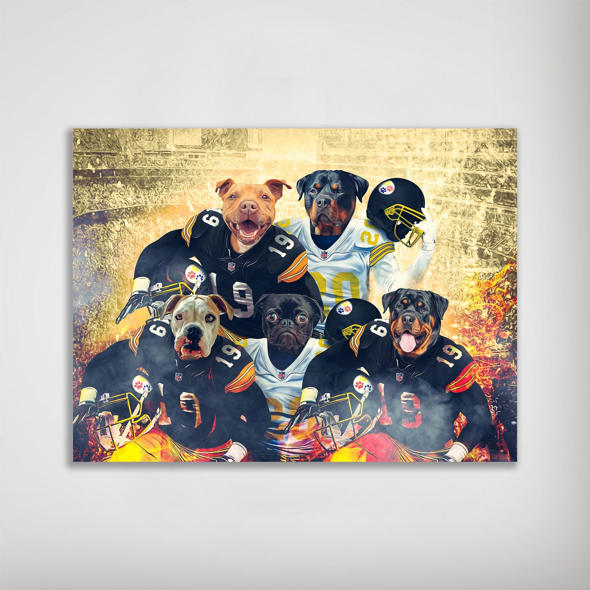 Personalized 5-pet poster featuring dogs in black and white football jerseys against a stadium backdrop.