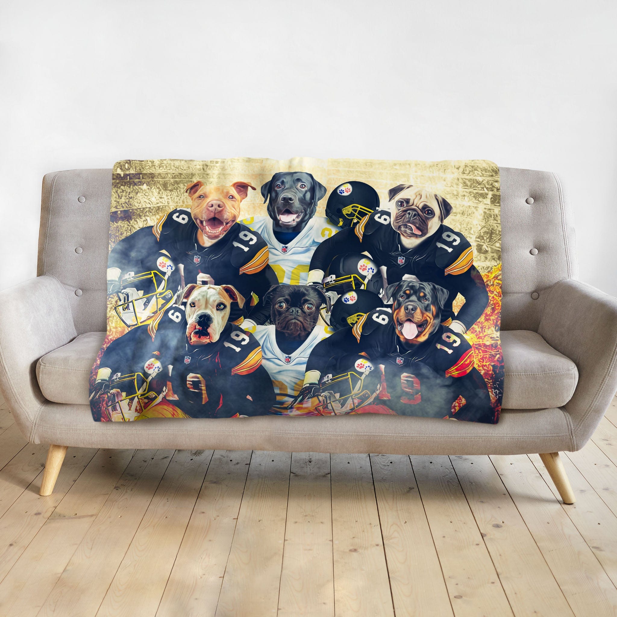 Personalized 6-pet blanket featuring dogs in Pittsburgh Steelers football uniforms.