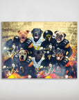Personalized 6-pet poster featuring dogs in black and gold football uniforms against a stadium backdrop.