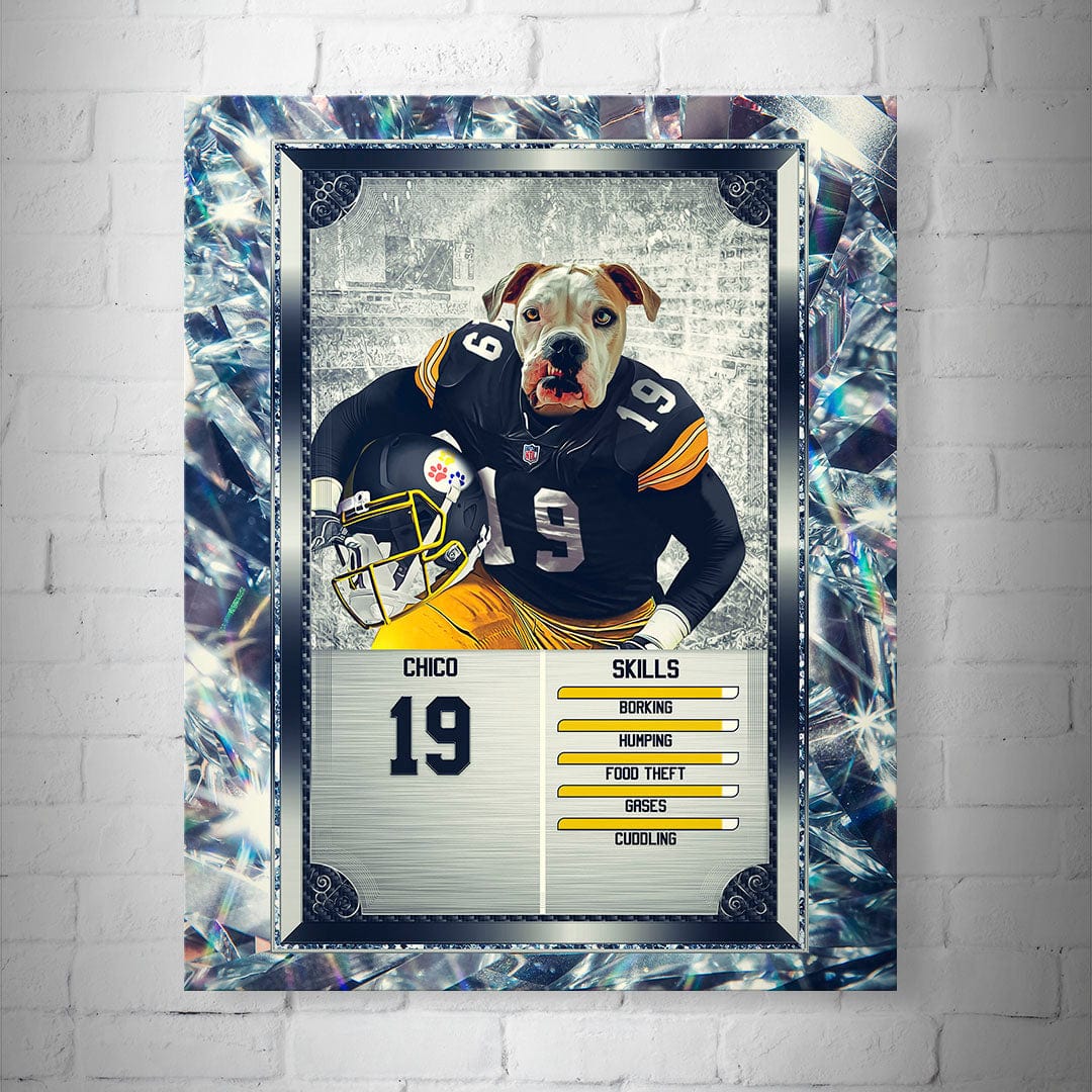 Personalized 8x10" matte poster featuring a bulldog in a black and yellow football jersey, framed by a diamond pattern.