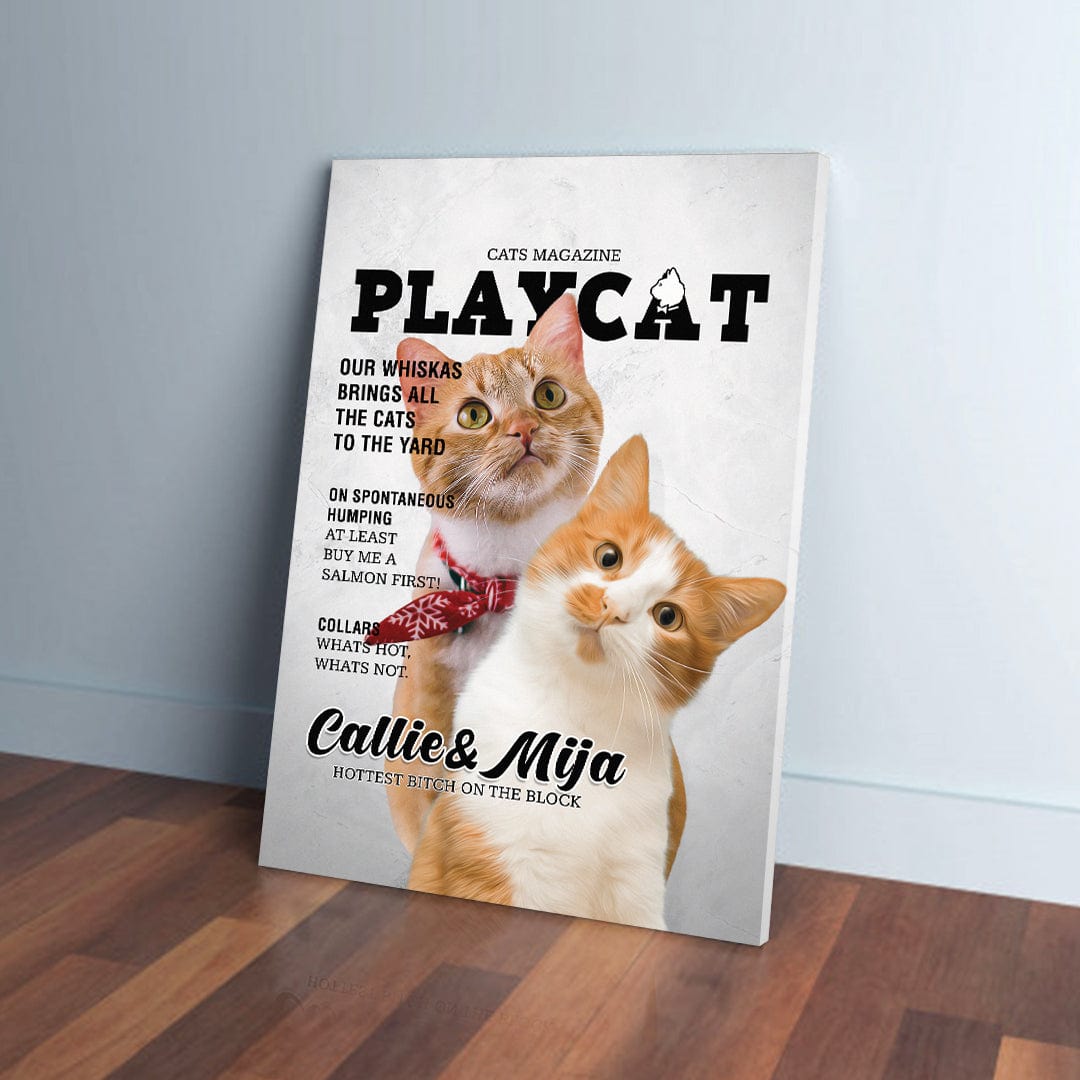 Personalized 'Playcat' canvas featuring two orange and white cats on a magazine cover design.