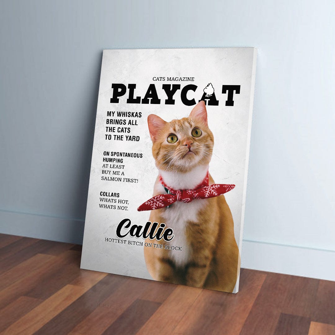 Personalized 'Playcat' pet canvas featuring an orange cat with a red bow tie, designed like a magazine cover.