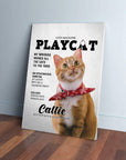 Personalized 'Playcat' pet canvas featuring an orange cat with a red bow tie, designed like a magazine cover.