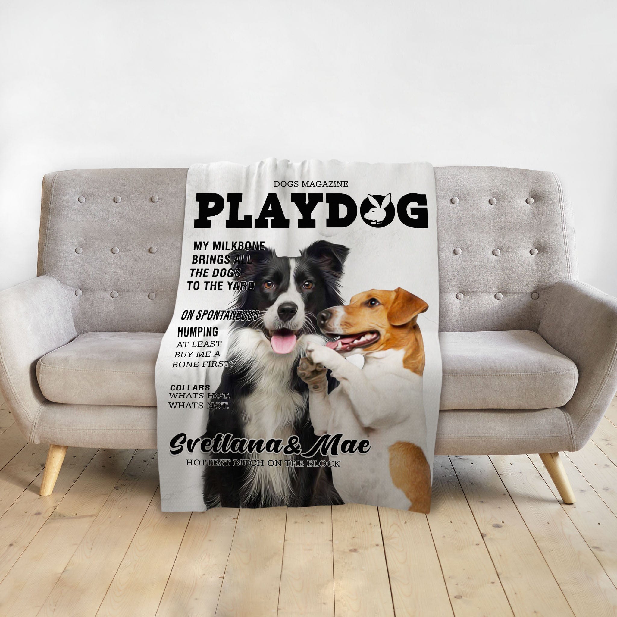 Personalized Playdog magazine cover blanket featuring two custom dog portraits, a Border Collie and a Jack Russell.