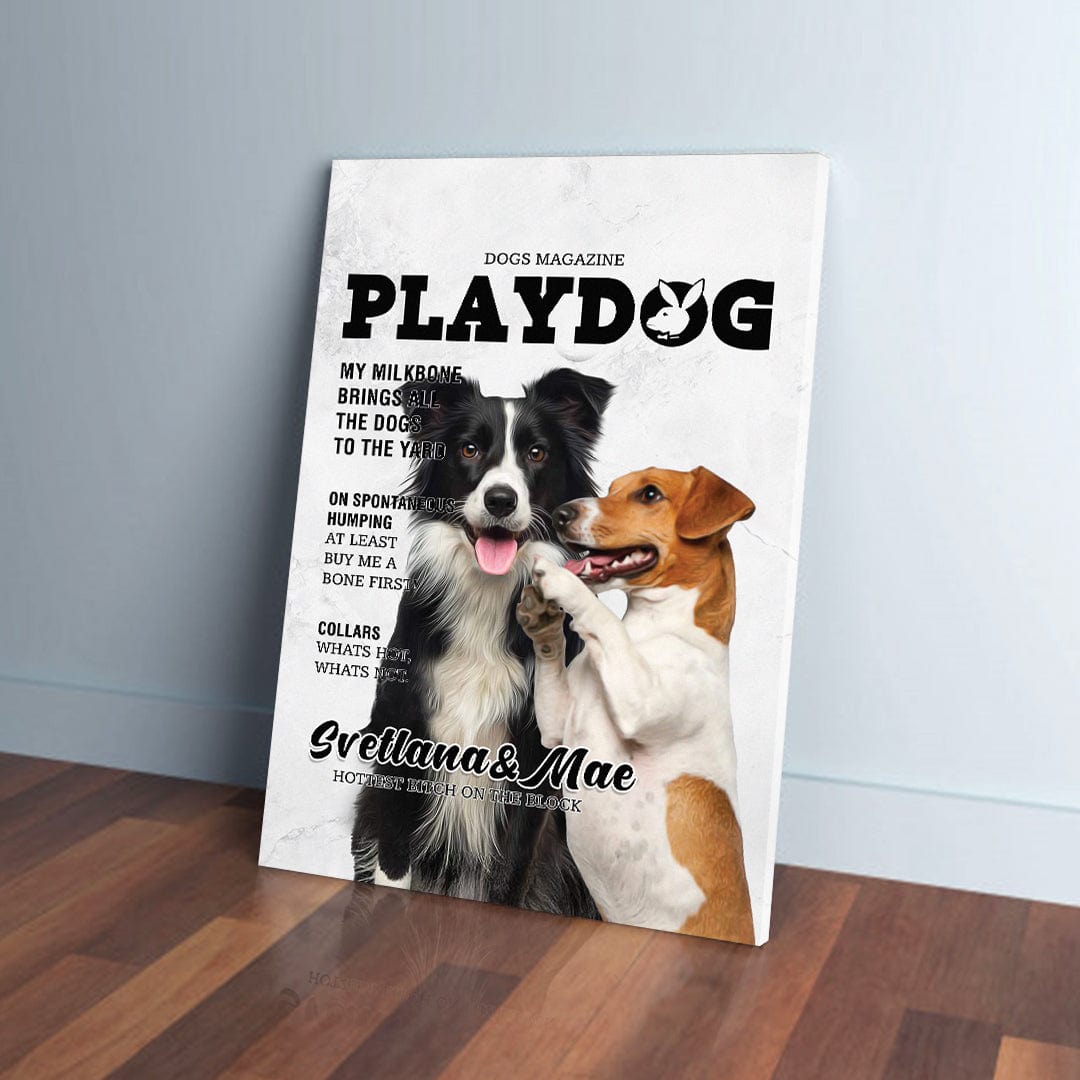 Personalized 'Playdog' canvas featuring a black & white Border Collie and a brown & white Jack Russell Terrier.
