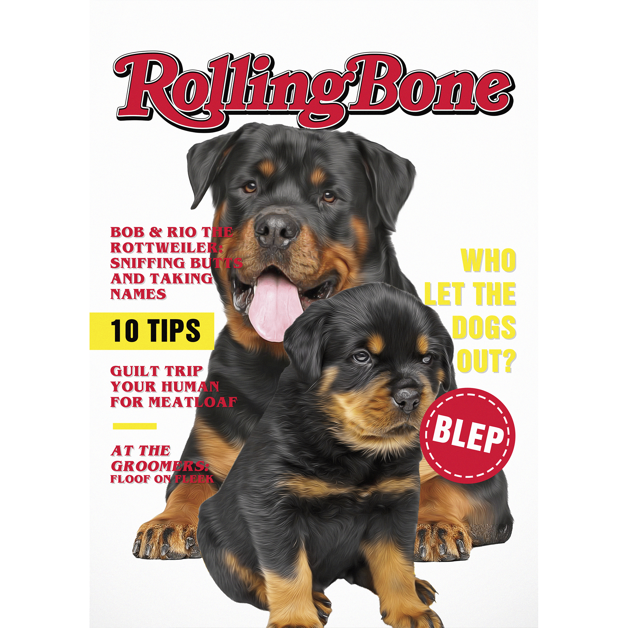Custom digital portrait of two Rottweiler dogs on a Rolling Bone magazine cover.
