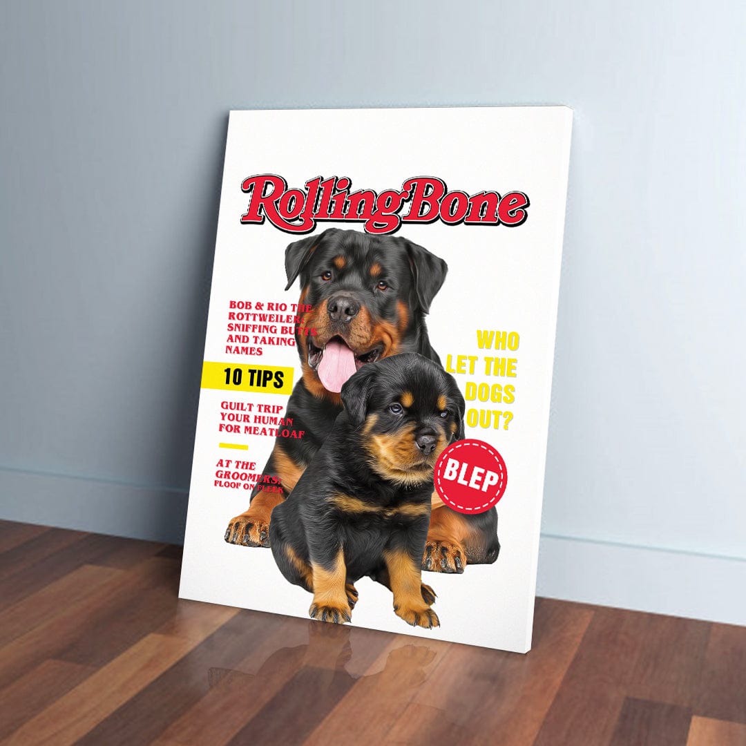 Custom canvas print featuring two Rottweilers on a "Rolling Bone" magazine cover, leaning on a wall.