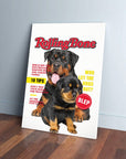 Custom canvas print featuring two Rottweilers on a "Rolling Bone" magazine cover, leaning on a wall.