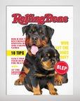 Personalized 'Rolling Bone' poster featuring an adult Rottweiler and a puppy, with magazine-style text.