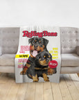 Personalized 'Rollingbone' blanket featuring custom Doggovinci portraits of two Rottweiler dogs.