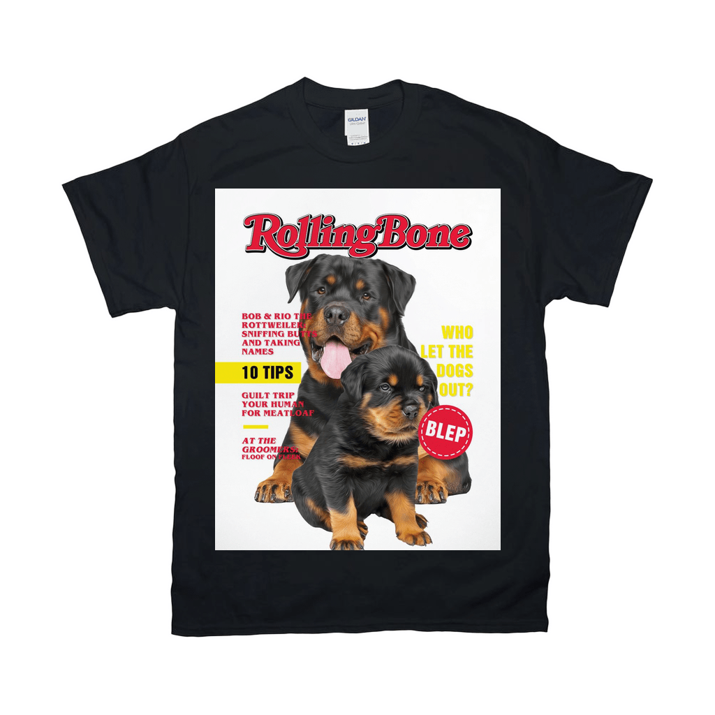 Black Gildan t-shirt with a "Rolling Bone" magazine cover featuring an adult and puppy Rottweiler.