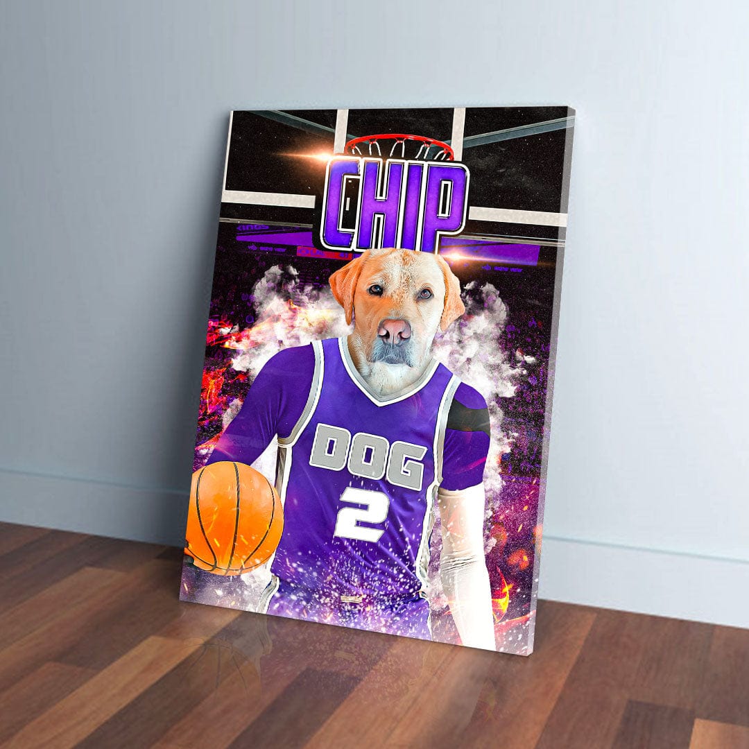 Personalized pet canvas featuring a yellow lab in a purple Sacramento Kings basketball jersey holding a ball.