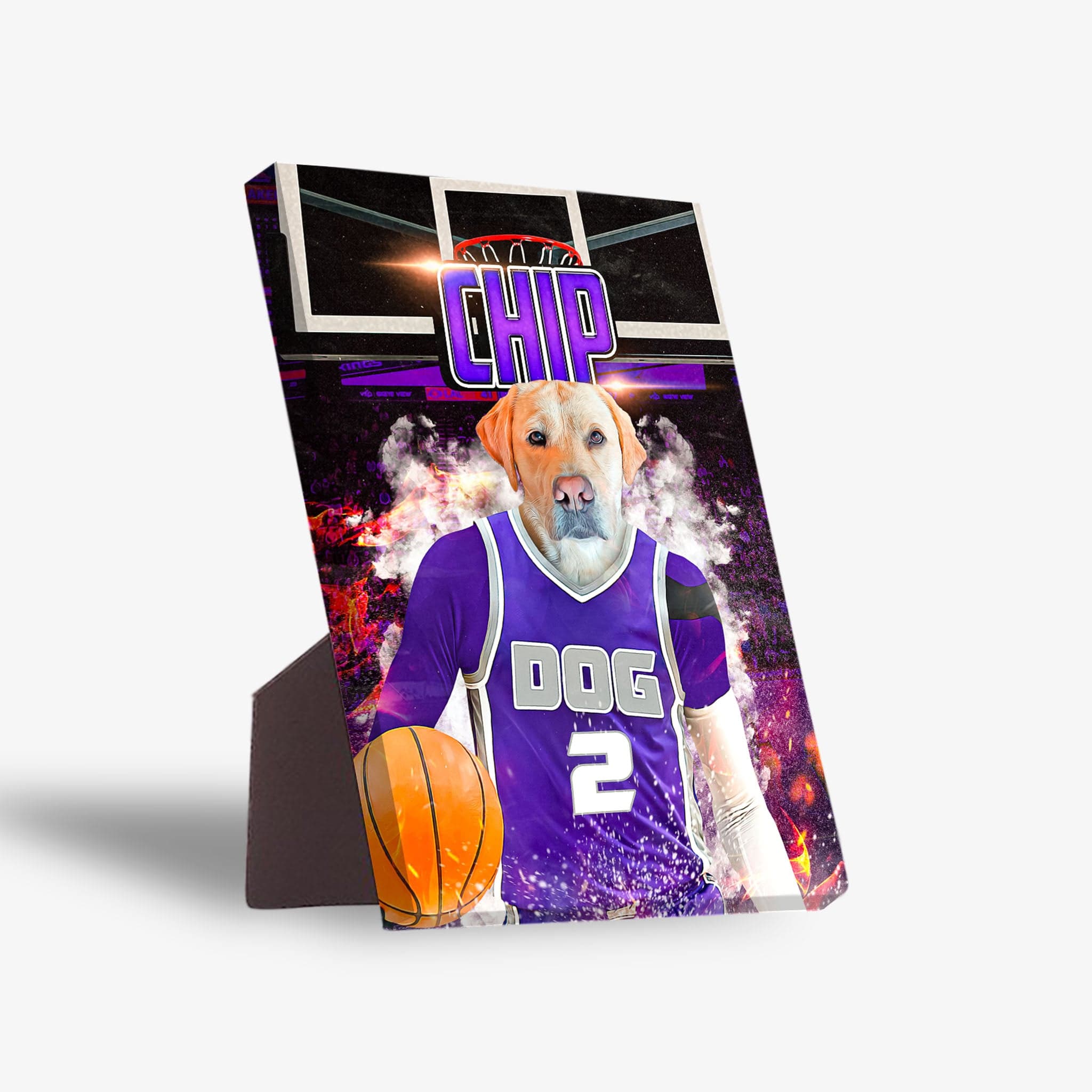 Personalized Sacramento Kings Doggos standing canvas featuring a yellow lab in a purple jersey holding a basketball.