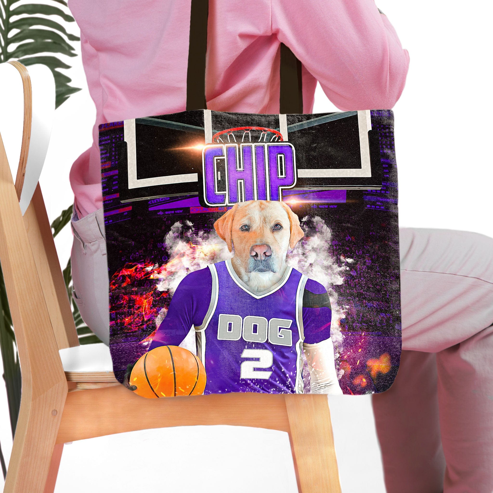 Personalized Sacramento Kings Doggos tote bag featuring a custom pet portrait of a yellow lab in a purple basketball jersey.