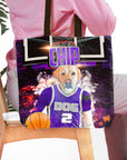 Personalized Sacramento Kings Doggos tote bag featuring a custom pet portrait of a yellow lab in a purple basketball jersey.