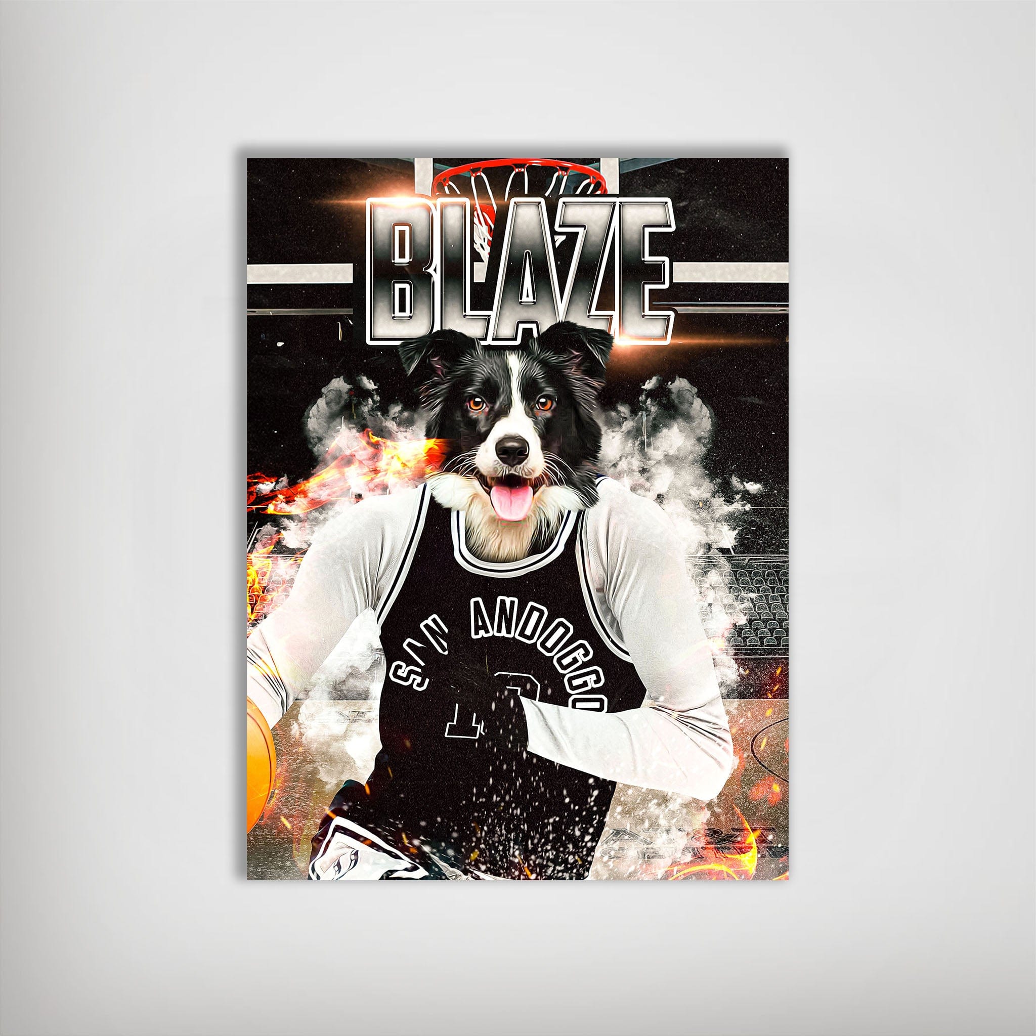 Personalized San Andoggo Spurs dog poster featuring a Border Collie in a black jersey, dribbling a basketball with fiery effects.