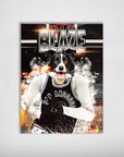 Personalized San Andoggo Spurs dog poster featuring a Border Collie in a black jersey, dribbling a basketball with fiery effects.