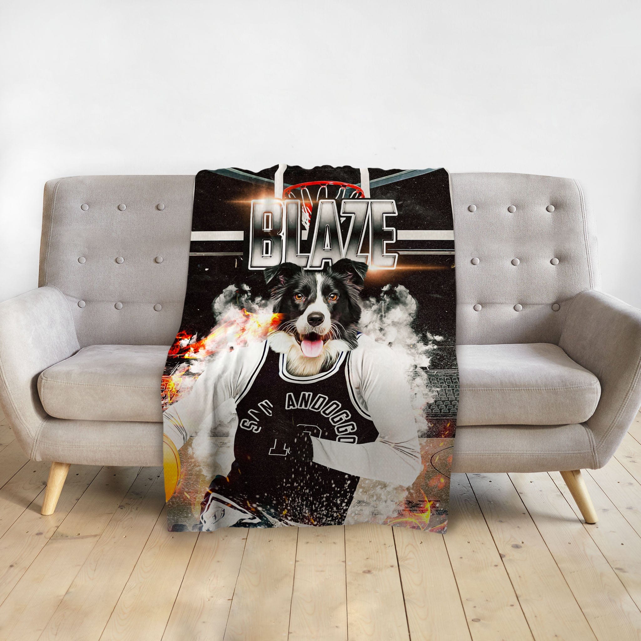 Custom personalized pet blanket featuring a Border Collie in a basketball uniform.