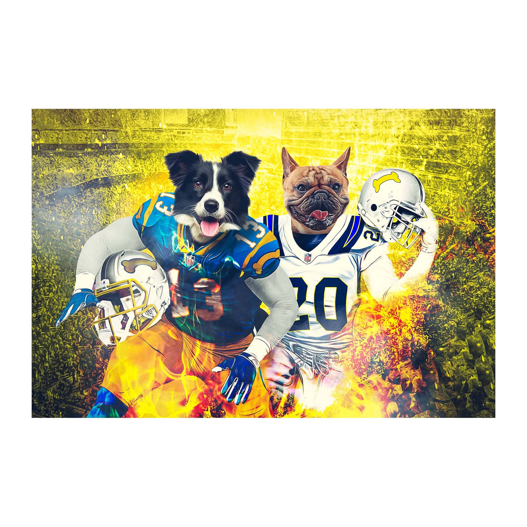 Custom digital portrait of two pets, a border collie and a French bulldog, in San Diego Chargers football uniforms.