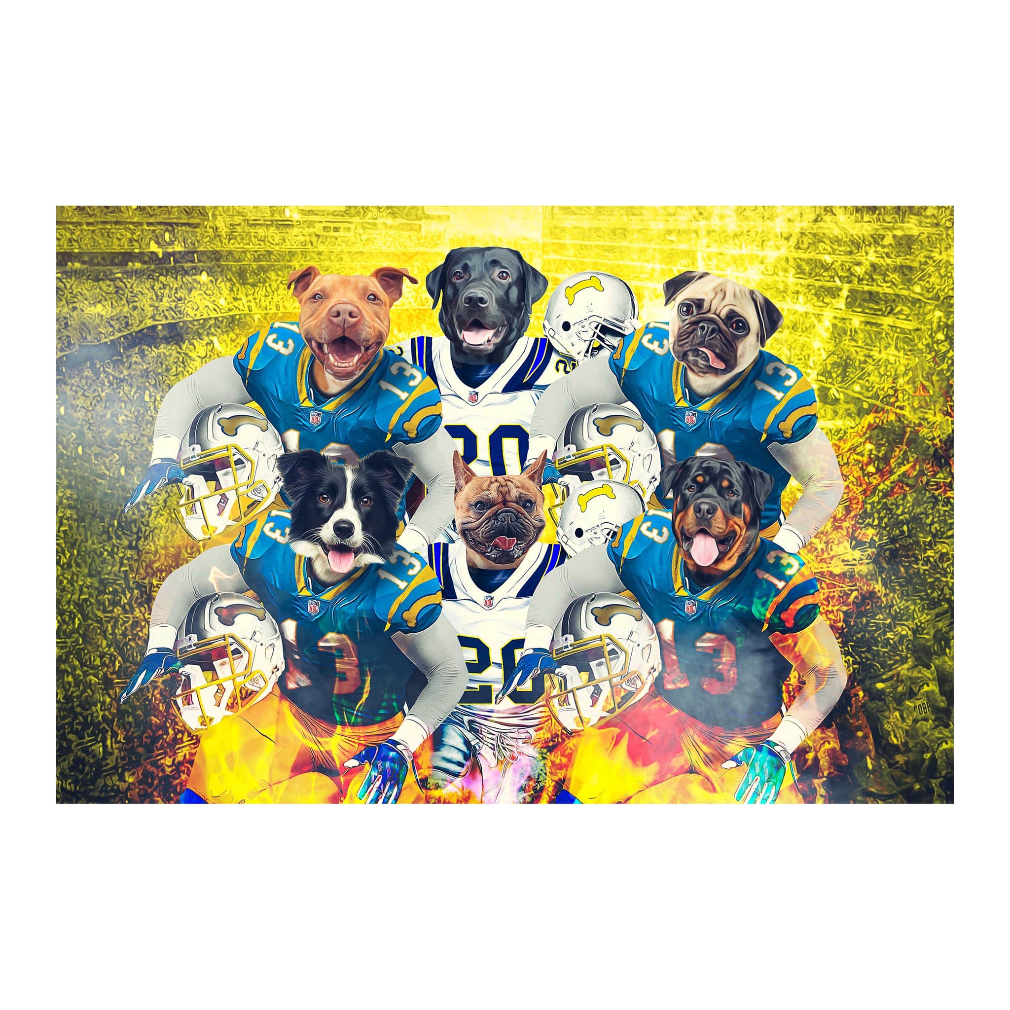 Personalized digital portrait of six pets as football players in blue and white jerseys.
