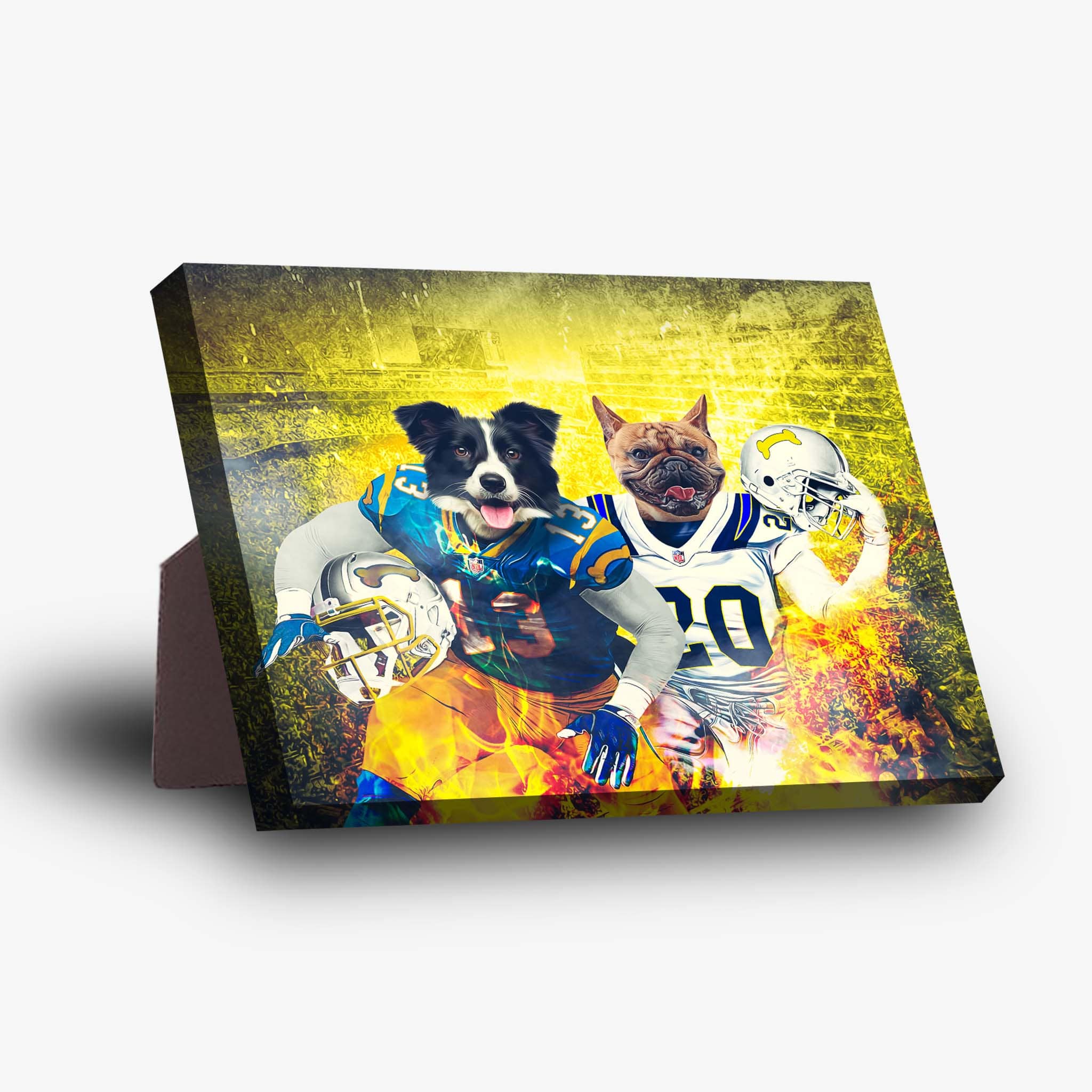 Personalized 2-pet standing canvas featuring a Border Collie and French Bulldog in football uniforms.