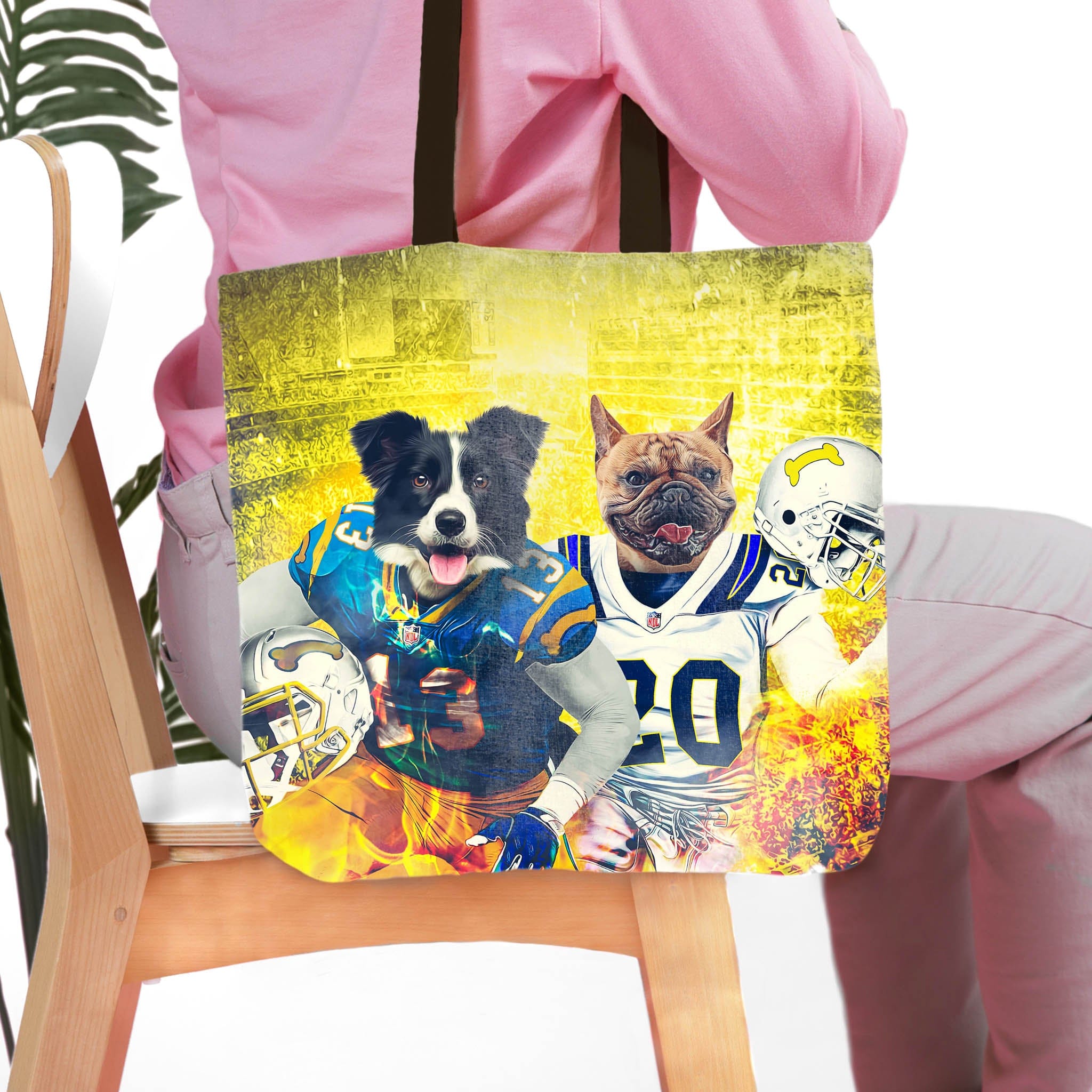 Personalized tote bag with custom dog portraits in football uniforms, San Diego Doggos style.