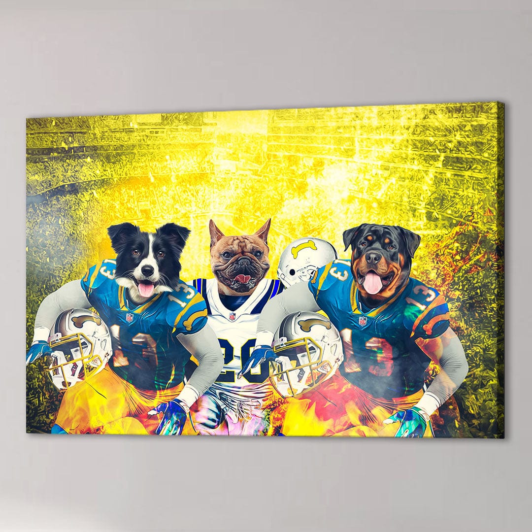 Personalized 'San Diego Doggos' 3 pet canvas featuring a Border Collie, French Bulldog, and Rottweiler in football uniforms.