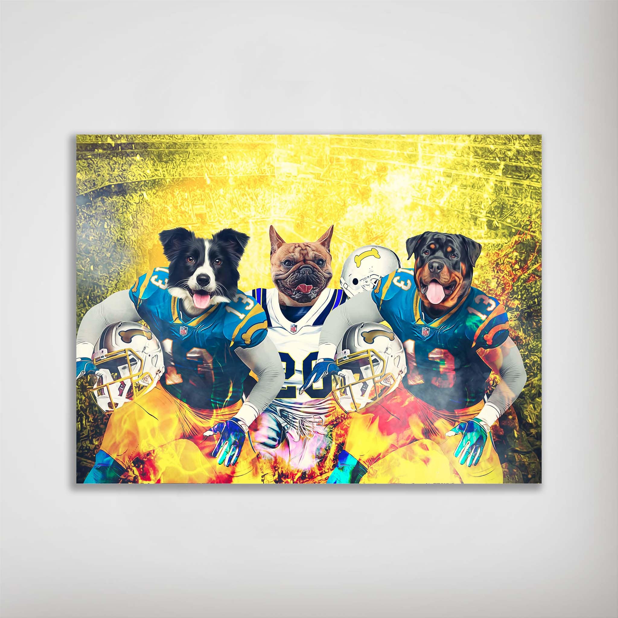 Personalized 3-pet poster featuring a Border Collie, French Bulldog, and Rottweiler in football uniforms.