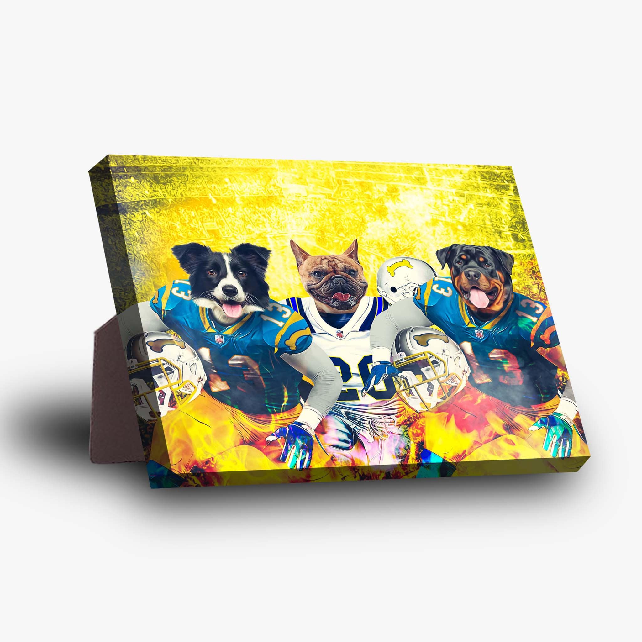 Personalized 3-pet standing canvas featuring dogs in blue and white football uniforms against a yellow background.