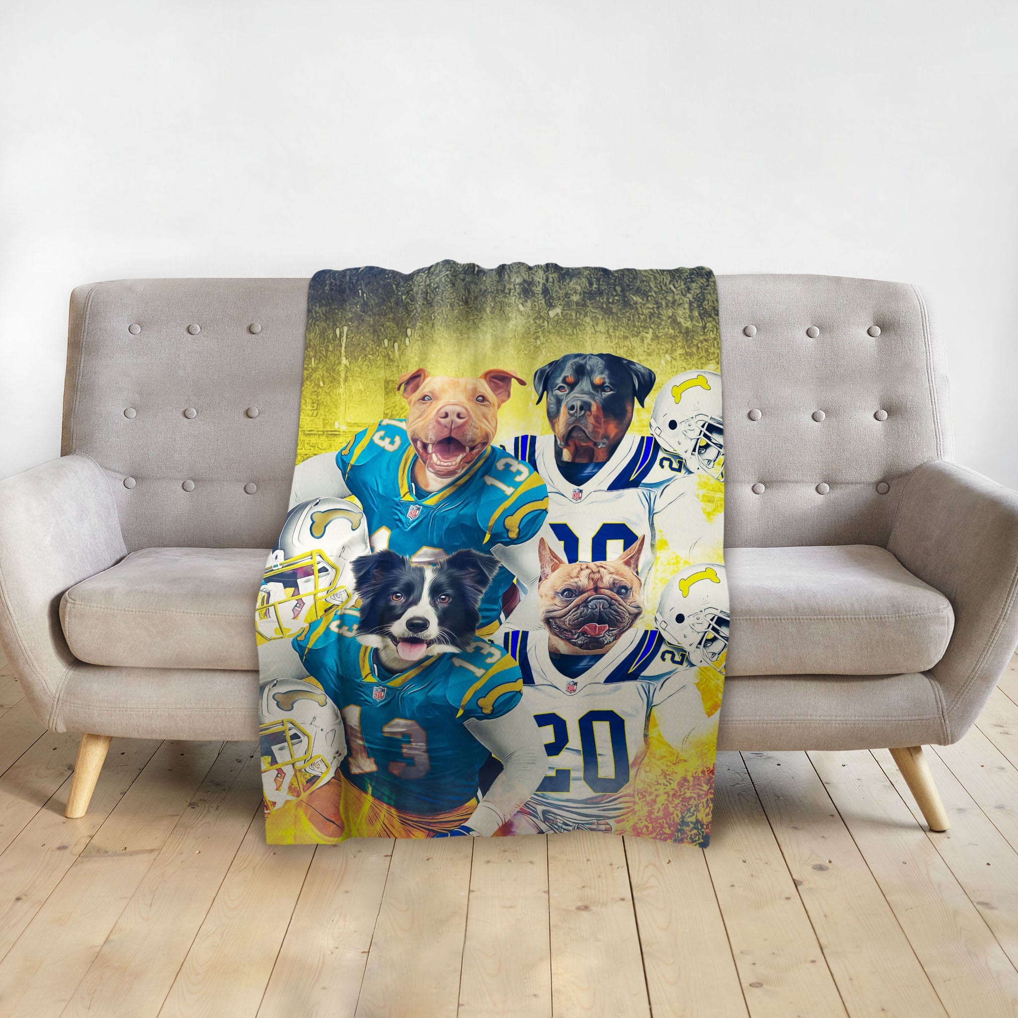Personalized pet blanket with four dogs in blue and white football uniforms, yellow grunge background.