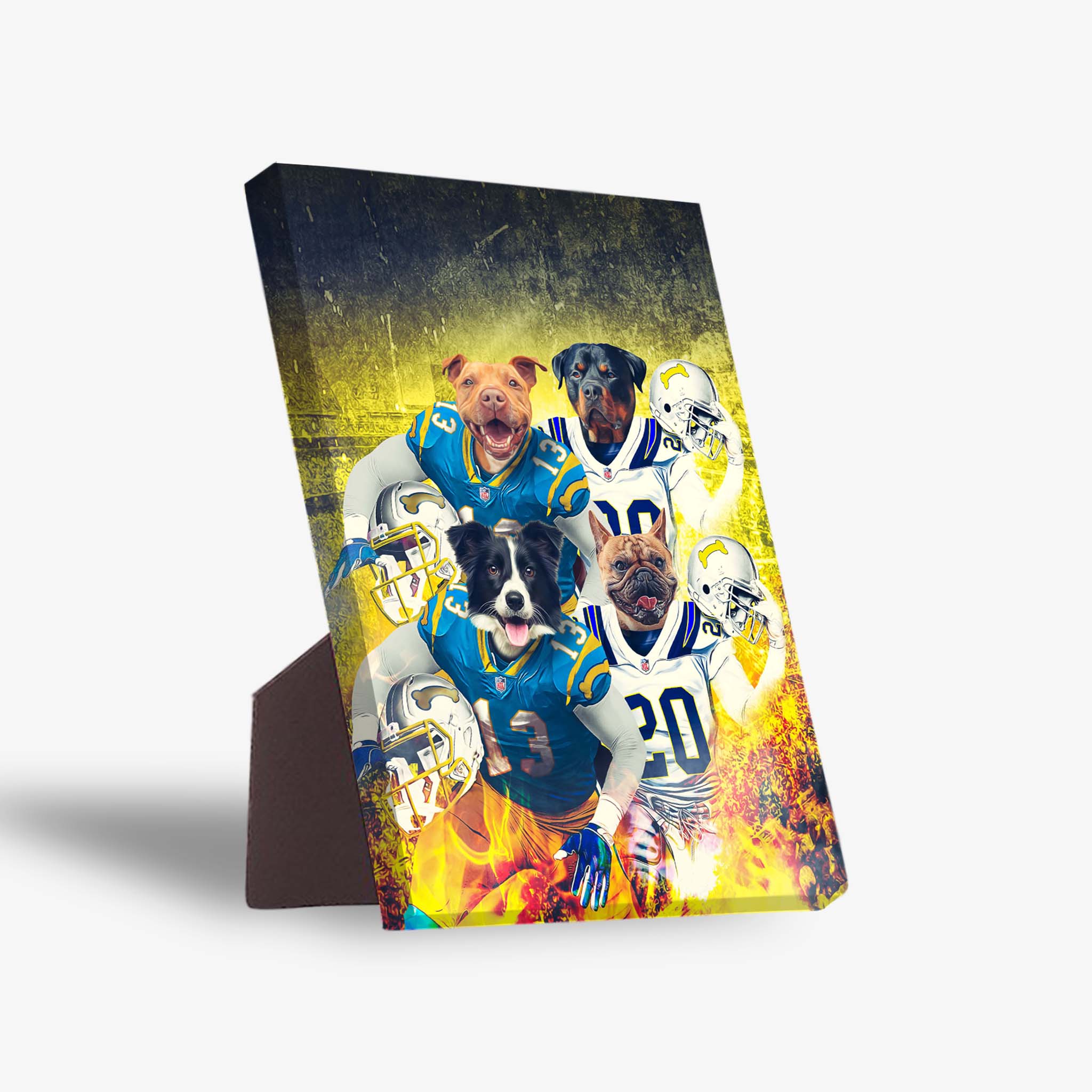Personalized 4-pet standing canvas featuring dogs in football uniforms against a fiery yellow background.