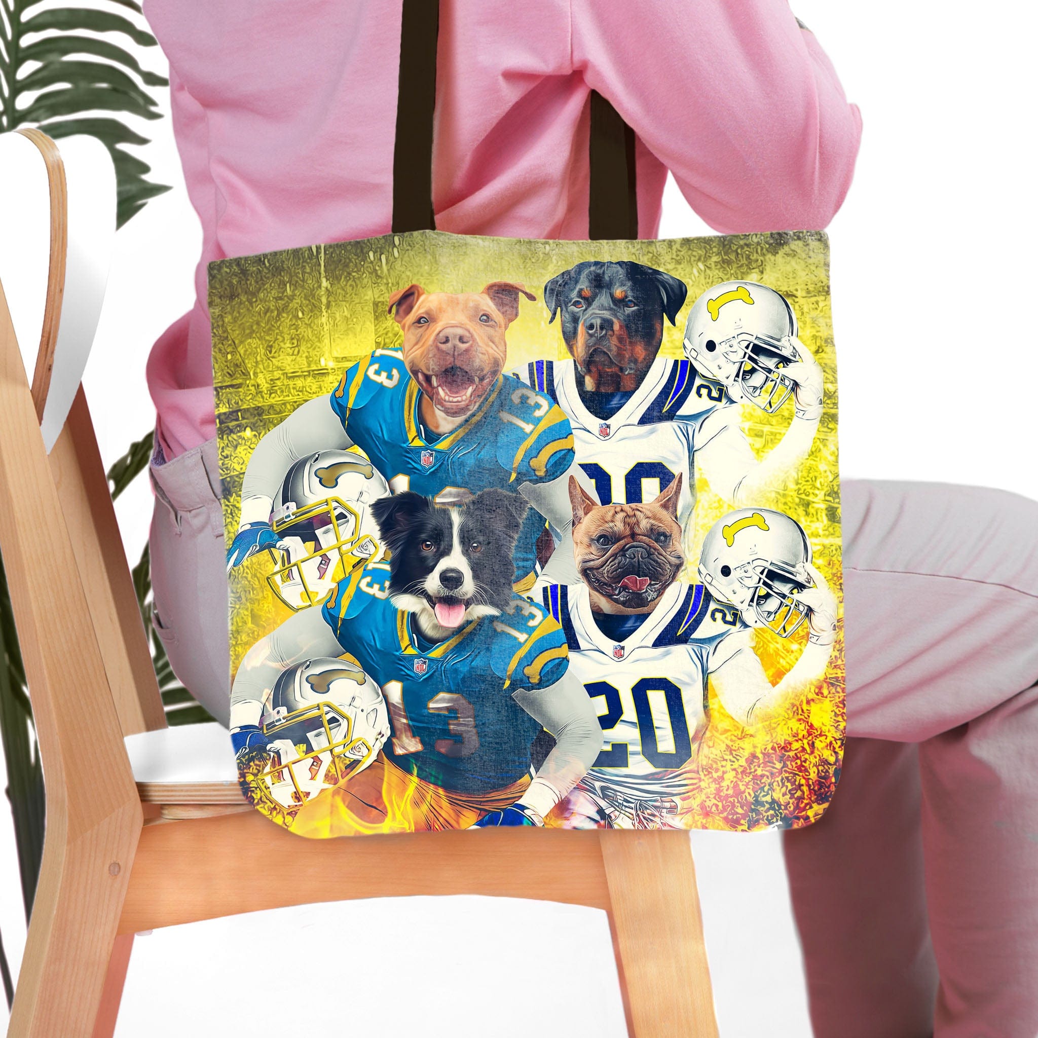 Personalized 4-pet tote bag featuring dogs in football uniforms against a yellow, fiery background.