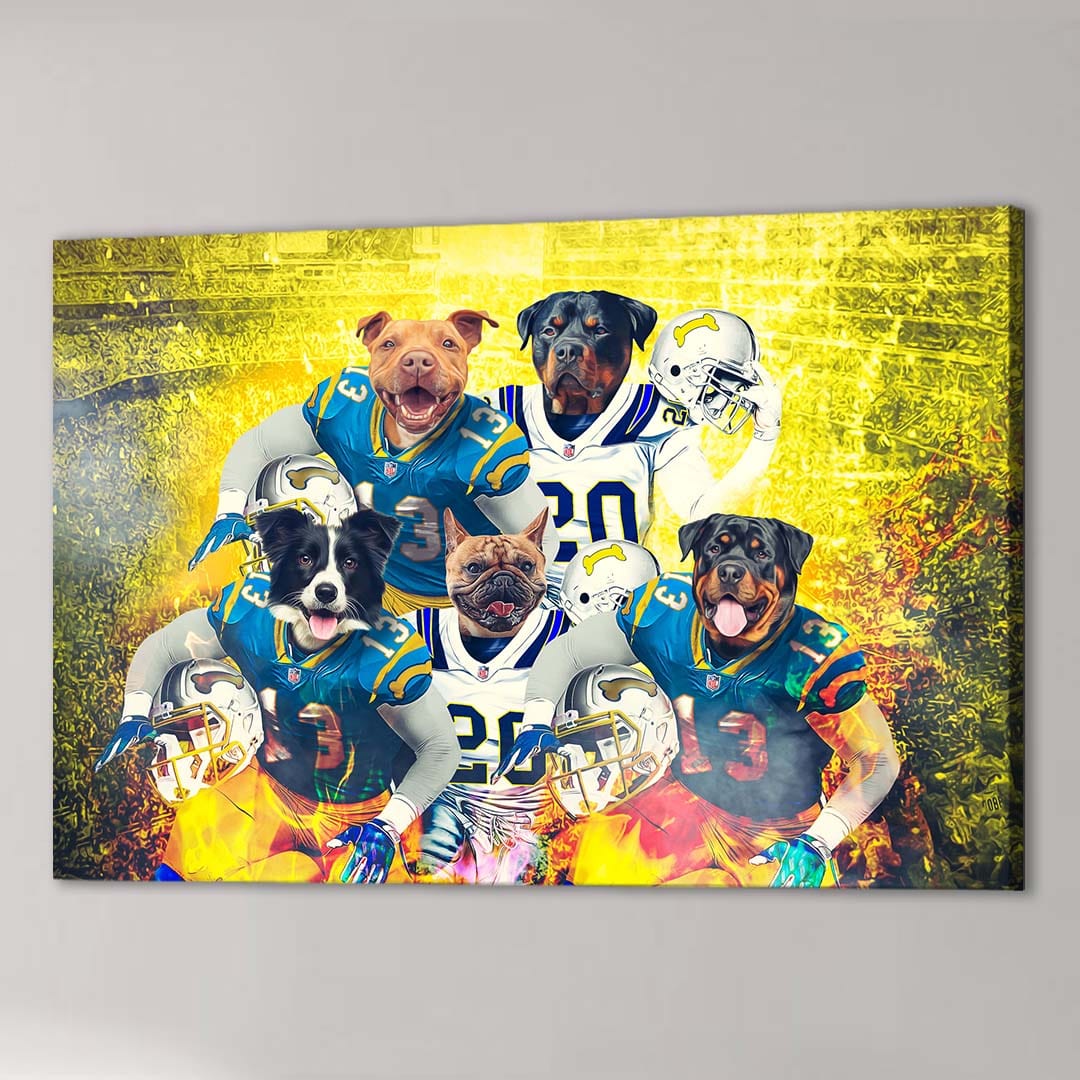Personalized San Diego Doggos 5-pet canvas featuring dogs in Chargers football uniforms on a vibrant yellow background.