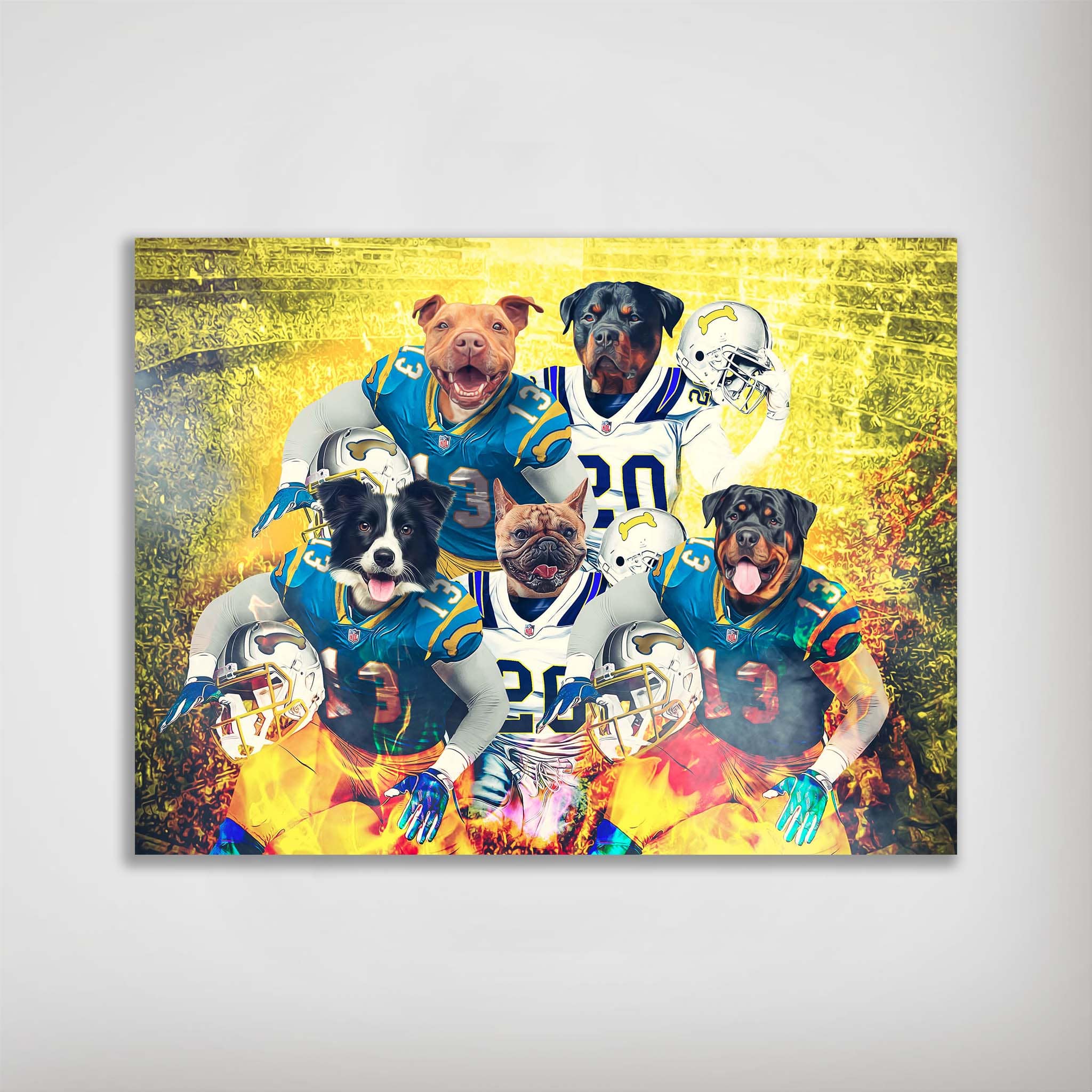 Personalized 5-pet poster featuring dogs in blue and yellow football uniforms, set against a fiery background.