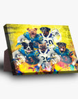 Personalized 5-pet standing canvas featuring dogs in blue and yellow football uniforms against a vibrant background.