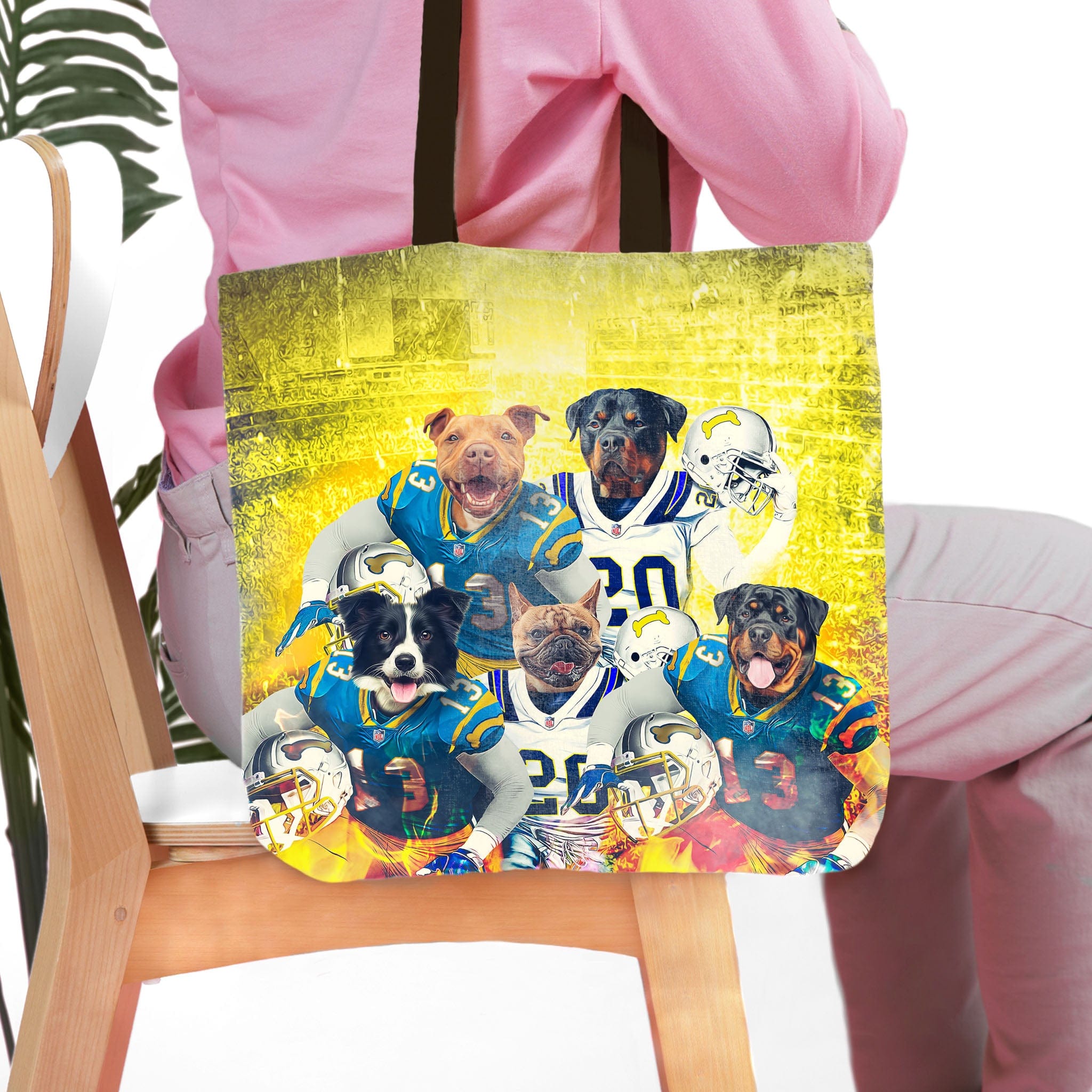 Personalized 5 pet tote bag with dogs in football uniforms on a yellow background.