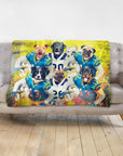 Personalized pet blanket with 6 dogs in football uniforms, yellow and blue design.