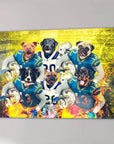 Personalized 6-pet canvas featuring dogs in blue and white football uniforms on a yellow background.