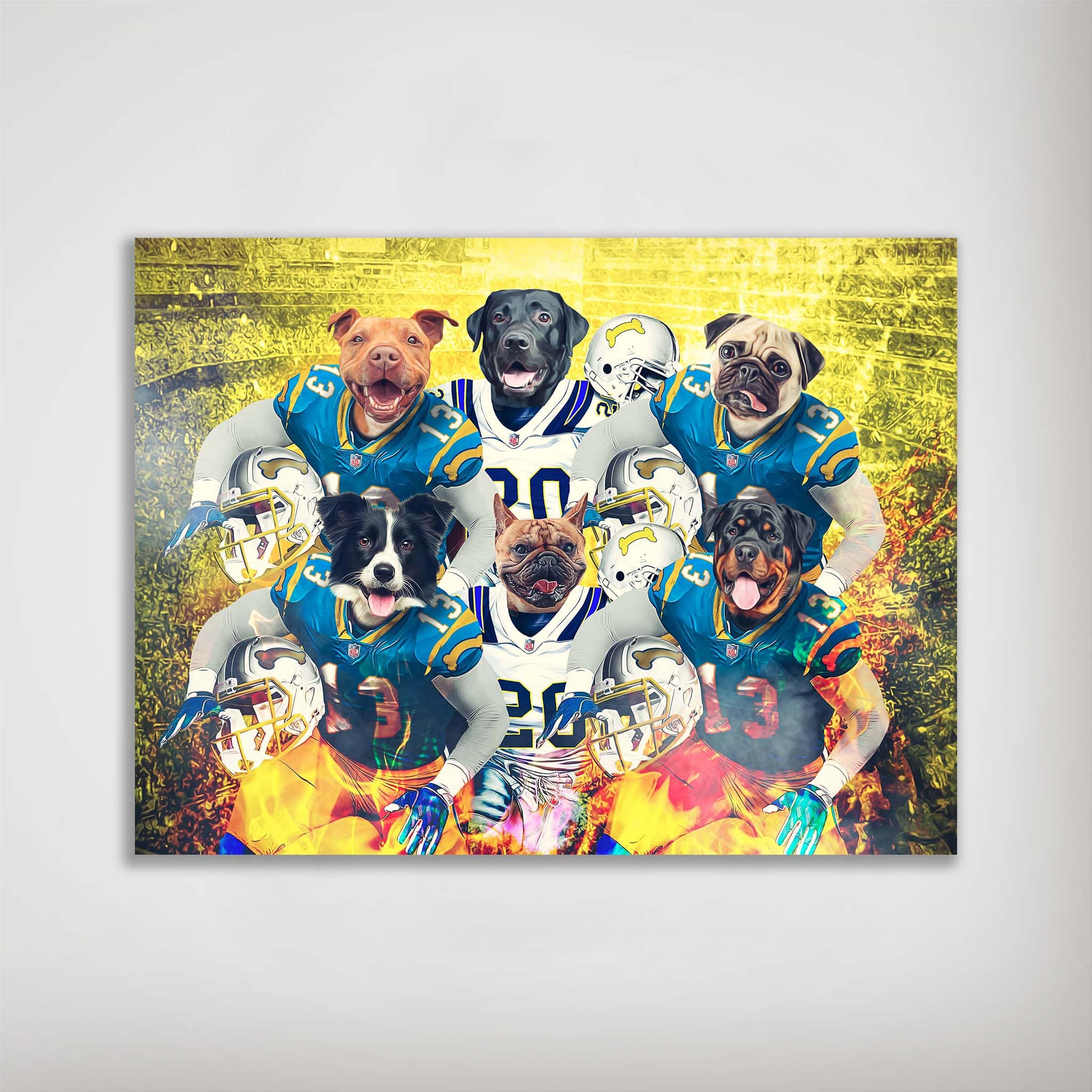 Personalized poster featuring six dogs in blue and yellow football uniforms with helmets, against a fiery yellow background.